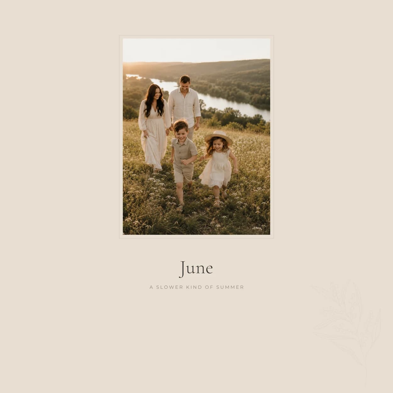 A June divider with a family walking through a sunlit meadow and the words A slower kind of summer